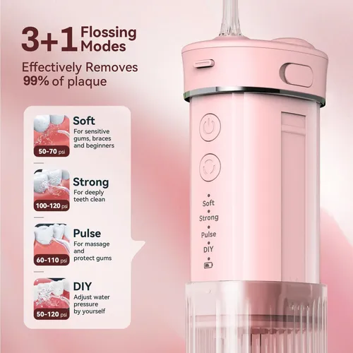 Hilo Dental Portátil Mini, Irrigador Oral, 4 Modos, Impermea Rosa Pálido