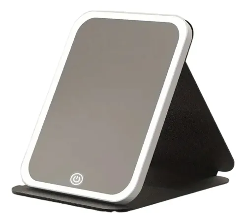 Espejo Con Luz Led Touch Suono Negro Soporte Plegable Blanco