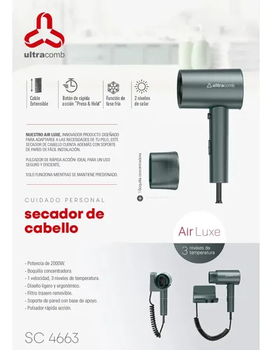 Secador De Cabello Ultracomb Sc-4663 2000w Soporte De Pared