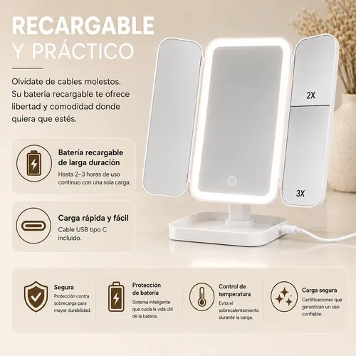 Maquillaje Espejo Recargable Led 3 Modos De Aumento 1x 2x 3x