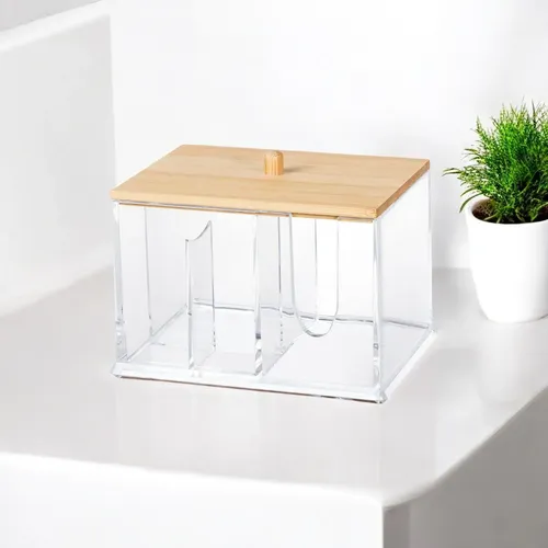 Organizador De Acrilico Con 4 Divisiones Y Tapa De Bamboo Color Transparente