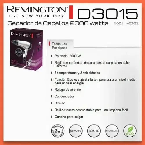 Remington D3015 Secador De Pelo 2000w 3 Temperaturas 2 Vel