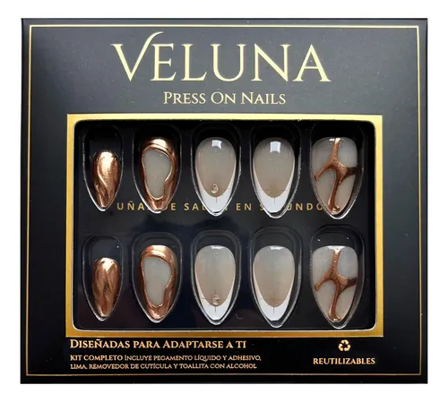 Uñas Press On Soft Gel Nude Con Detalles Dorados Color French Gold Modern
