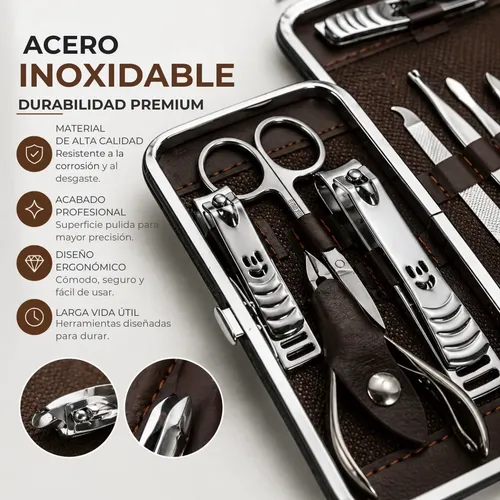 Set Manicure Estuche 12 Piezas Acero Inoxidable Cuidado Uñas
