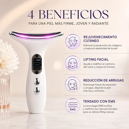 Masajeador Facial Y Cuello Ems Led Calor Con Serum Colágeno
