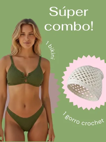 Combo Bikini Traje De Baño Mujer Gorro Crochet Hilo Red