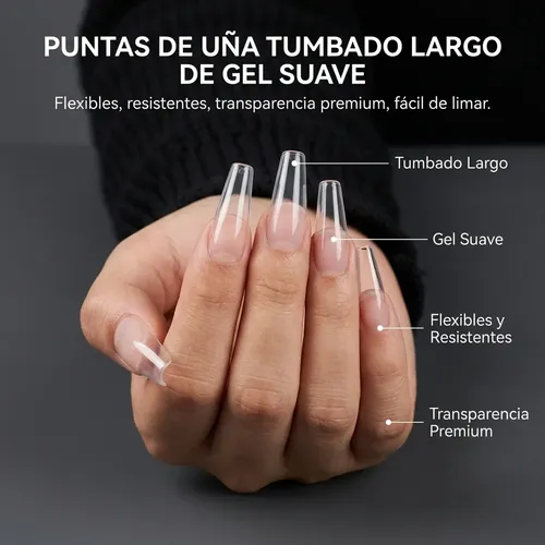 Tips Soft Gel Coffin L Transparente Extensión Uñas 480 Pcs