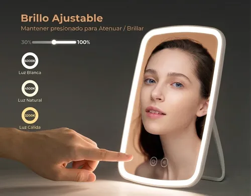 Espejo Maquillaje Con Luz Led Tactil 3 Tonos Ajustable Usb