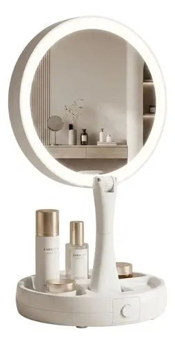Espejo De Maquillaje Circular Con Luz Led Plegable Con Pie