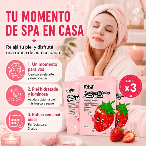 Kit X3 Mascarillas Faciales Mely Frutilla Hidratantes 25g