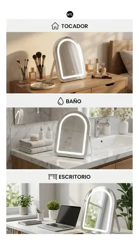 Espejo Maquillaje Led Mtl Luz Touch Ajustable Mesa Base Soporte Iluminacion Uniforme Portatil Diseño Moderno Tocador Belleza Hogar Espejo Luz Calida Blanca