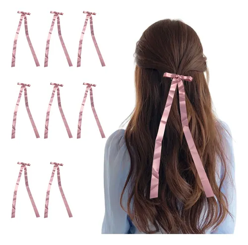 Juego De Pinzas For El Pelo Con Lazo, 8 Unidades, Cinta Ros