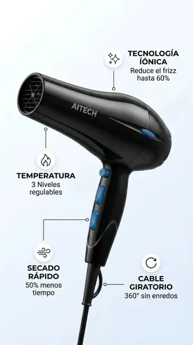 Secador Pelo Ionizador Profesional Iones Negativos Anti Frizz Brillo Sedoso Cabello Brillante Liviano Compacto Salon Peluqueria Hogar Cuidado Capilar Ergonomico Termico Potente Eficiente Belleza Negro