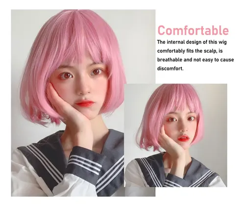 2026 Peluca Rosa Corta Bob, Hermosa Peluca Recta Bob Con
