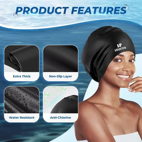 Gorro De Natación Hiacos Para Cabello Largo, Negro E Imperme