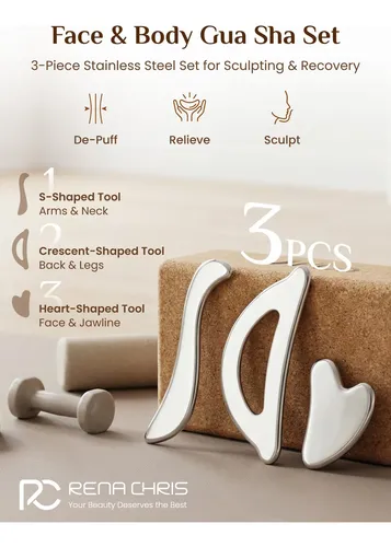 Masajeador Rena Chris Set De 3 Piezas Gua Sha De Acero Inoxi