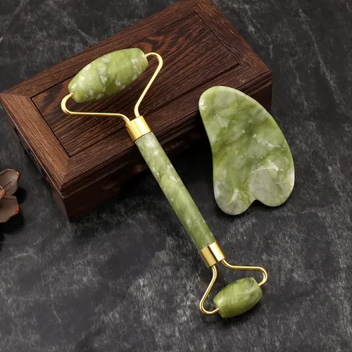 Set De Rodillo De Jade Y Piedra Gua Sha Para Rostro, Ojos, C