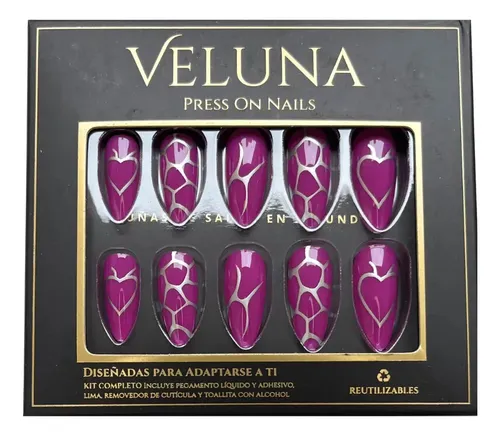 Uñas Press On Reutilizables Diseños Variados 24u Veluna Full Color Fuchsia Silver Art Press On Nails