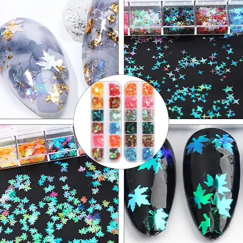 Manicura Con Diseño De Estrellas De Cuatro Puntas Con Hojas