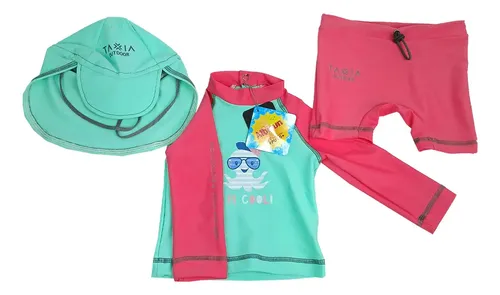 Traje De Baño Bebe Proteccion Solar Remera Uv + Boxer Gorra Color Verde Limón/coral Diseño De La Tela Modelo Pulpo I´m Cool Talle 12-18 Meses