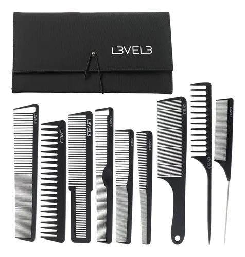 Set De 9 Peines De Cabello Para Barberos De Carbón Level 3 Color Negro