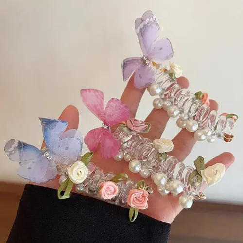 4 Pzas. Ligas Suaves Espirales Con Mariposa Para El Cabello
