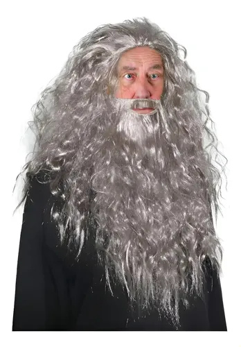 Peluca Y Barba Gris Larga Para Disfraz De Mago Anciano Jsby