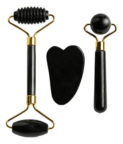 Set Masajeador Facial Zaweo 3 Piezas Piedra Natural Negro
