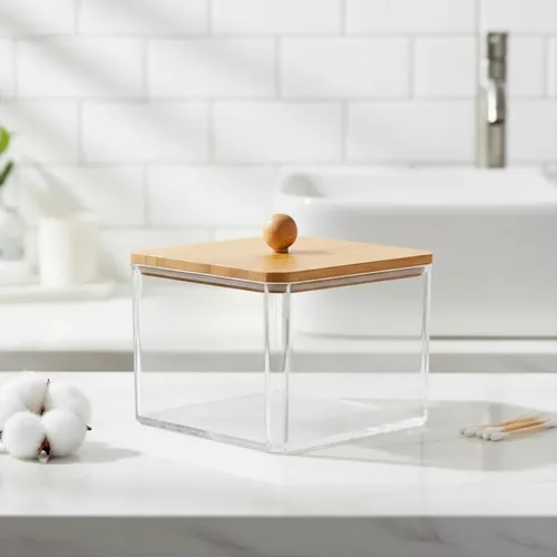 Organizador Cosméticos Maquillaje Acrílico Tapa Bambú 7x9cm