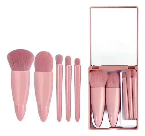 Set Brochas De Maquillaje X5 Estuche Y Espejo Portatil