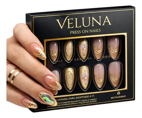 Uñas Press On Soft Gel Nude Con Detalles Dorados Color Golden Aura Nude