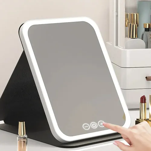 Espejo Maquillaje Led Plegable Luz Fría Cálida Natural Usb Negro