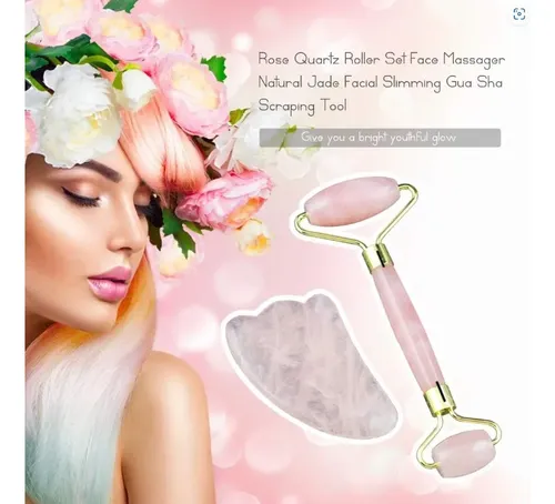Set De Masaje Facial Jade Roller Y Gua Sha Stone Rosa Chicle