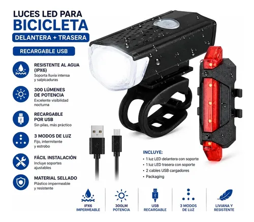 Kit Accesorios Bicicleta Luces Led Usb Espejos Porta Celular