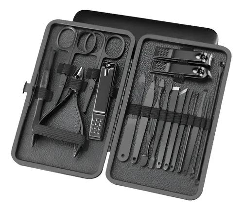 Set Estuche Manicura Pedicura 19 Pzas Negro Acero Inoxidable