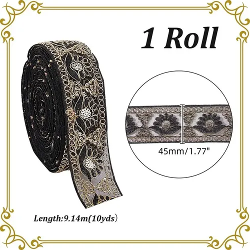 1 Rollo Cinta Organza Bordada Flores Negras 10mm