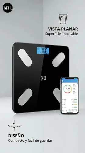 Balanza Digital Baño MTL Bluetooth 180kg Vidrio Templado Sensor Alta Precision Pantalla Lcd Encendido Automatico Diseño Slim Antideslizante Hogar Control Peso Salud Fitness App