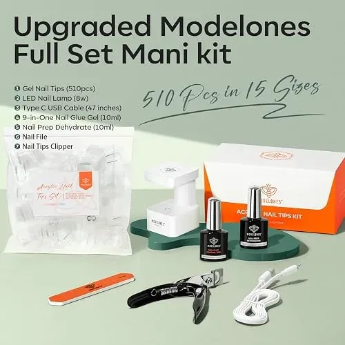 Modelones Kit Uñas Gel Puntas Coffin Largas Pegamento 9 En 1