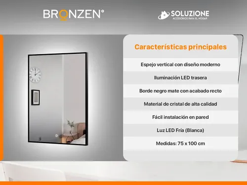 Espejo Premium Luz Led Trasera Vertical Negro 75 X 100 Cm