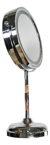 Espejo Doble 22cm Diametro Luz Led y Aumento X3 c/ Base Hecha en Metal Cromado Super resistente + Leds integrados a pila para suavisar sombras al ver de muy cerca mejorando experiencia de Uso – Oferta