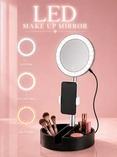 Espejo Portatil Maquillaje Luz Led 3 Tonos Altura Regulable