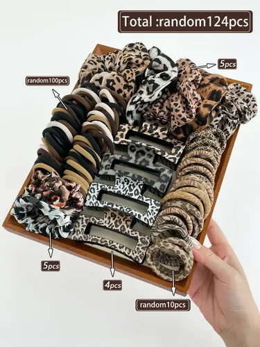 124 Pinzas Y Ligas De Pelo Con Estampado De Leopardo Para Mu