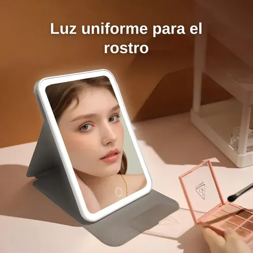 Espejo De Maquillaje LED Plegable Recargable USB Con Luz Táctil 3 Tonos De Luz Brillo Regulable Espejo HD Portátil Para Tocador Viajes Skincare
