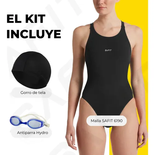 Combo Malla Mujer Entera Natacion + Gorro Tela + Antiparras