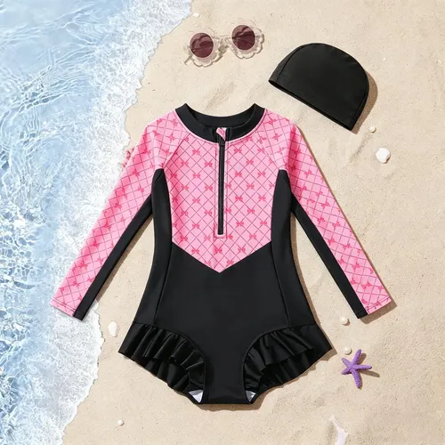 Traje De Baño De Una Pieza Niña Manga Larga Con Gorro