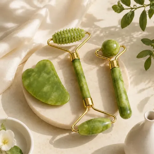 Rodillo De Jade Verde Masajeador Facial Y Cuello