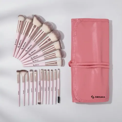 Set X24 Brochas Pinceles Maquillaje Profesional Con Estuche Rosa Dehuka