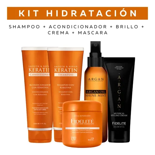 Kit Reparacion Total Anti Frizz Fidelite Keratina Shampoo + Acondiconador + Mascara + Crema de Peinar + Brillo Argan Tratamiento Nutricion Cabello Seco