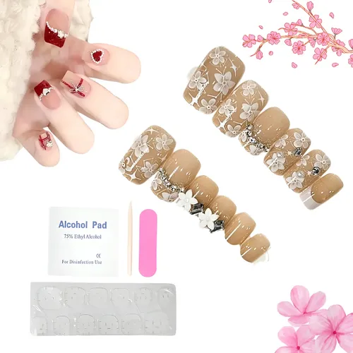 Set 12 Uñas Postizas Cuadrada + Adhesivo Lima Palito Naranjo
