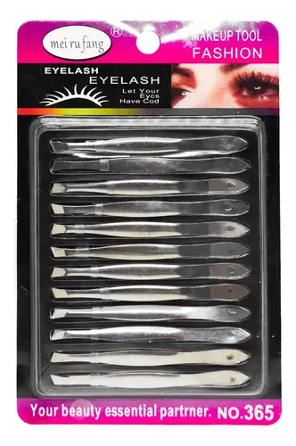 Pack Pinzas X12 Para Depilar Cejas Negra Acero Inoxidable